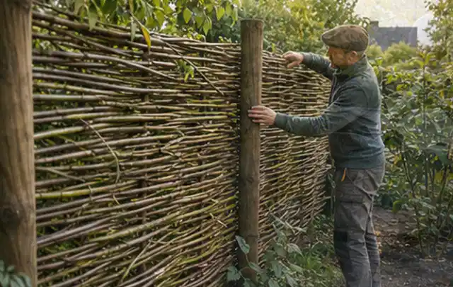 Person befestigt geflochtene Weidenruten an stabilen Holzpfosten im Garten; Thema Gartenhaus aus Holz, Schwerpunkt Winterschutz; Ergebnis.