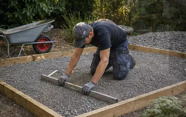 Person richtet eine verdichtete Kiesfläche mit Wasserwaage und Abziehlatte aus; Thema Gartenhaus aus Kunststoff, Schwerpunkt Aufbau; Umsetzung.
