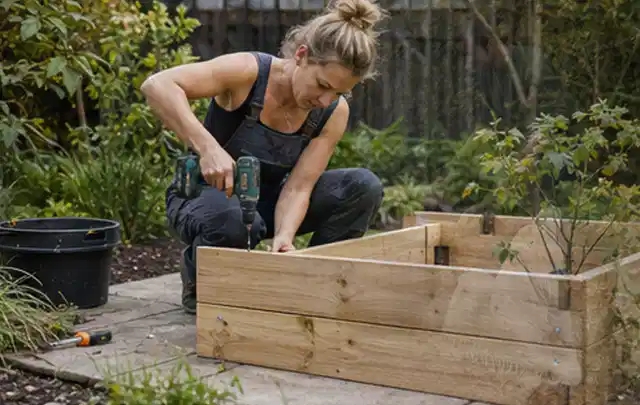 Person montiert ein massives Hochbeet aus unbehandeltem Holz im Garten; Thema Gartenhaus aus Kunststoff, Schwerpunkt Aufbau; Kontrolle.