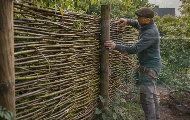 Person befestigt geflochtene Weidenruten an stabilen Holzpfosten im Garten; Thema Gartenhaus aus Kunststoff, Schwerpunkt Aufbau; Ergebnis.