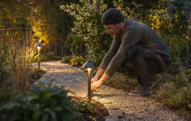 Person richtet eine niedrige warm leuchtende Gartenlampe am Kiesweg aus; Thema Gartenhaus aus Kunststoff, Schwerpunkt Aufbau; Praxisalltag.