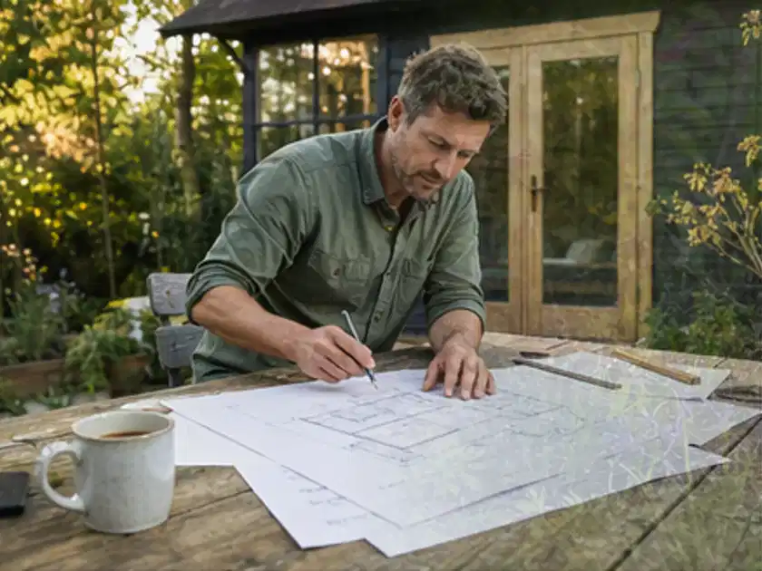 Person prüft Bauzeichnungen an einem Gartentisch vor einem kleinen Gartenhaus; Thema Gartenhaus aus Kunststoff, Schwerpunkt Baurecht; Titelbild.