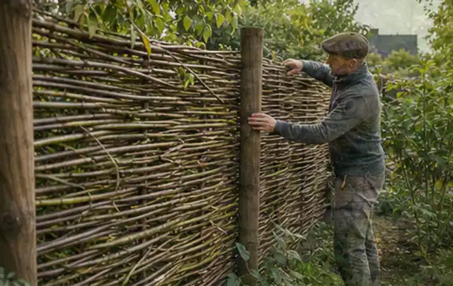 Person befestigt geflochtene Weidenruten an stabilen Holzpfosten im Garten; Thema Gartenhaus aus Kunststoff, Schwerpunkt Baurecht; Ausgangslage.