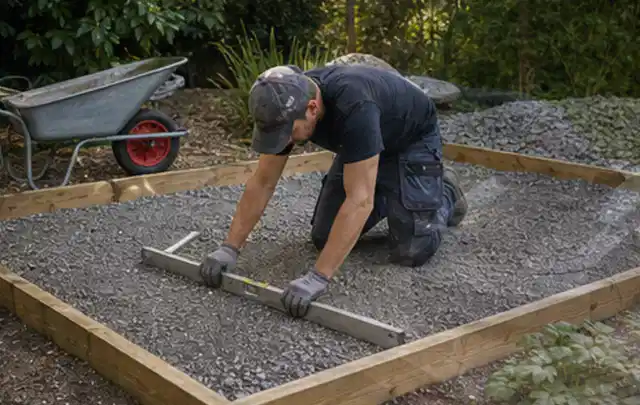 Person richtet eine verdichtete Kiesfläche mit Wasserwaage und Abziehlatte aus; Thema Gartenhaus aus Kunststoff, Schwerpunkt Baurecht; Umsetzung.