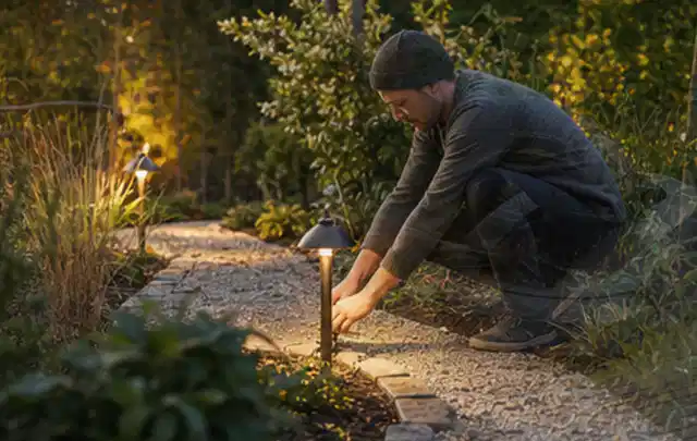 Person richtet eine niedrige warm leuchtende Gartenlampe am Kiesweg aus; Thema Gartenhaus aus Kunststoff, Schwerpunkt Checkliste; Ausgangslage.