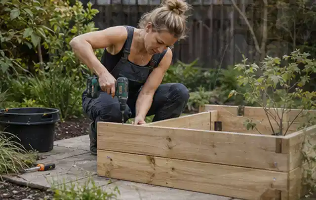 Person montiert ein massives Hochbeet aus unbehandeltem Holz im Garten; Thema Gartenhaus aus Kunststoff, Schwerpunkt Checkliste; Umsetzung.