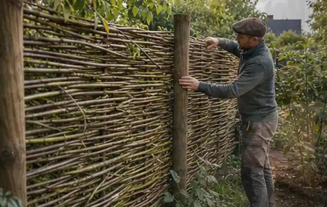 Person befestigt geflochtene Weidenruten an stabilen Holzpfosten im Garten; Thema Gartenhaus aus Kunststoff, Schwerpunkt Checkliste; Ergebnis.