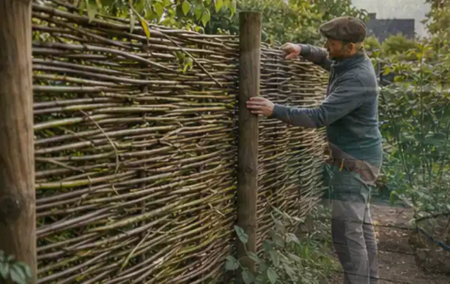 Person befestigt geflochtene Weidenruten an stabilen Holzpfosten im Garten; Thema Gartenhaus aus Kunststoff, Schwerpunkt Dimensionierung; Kontrolle.
