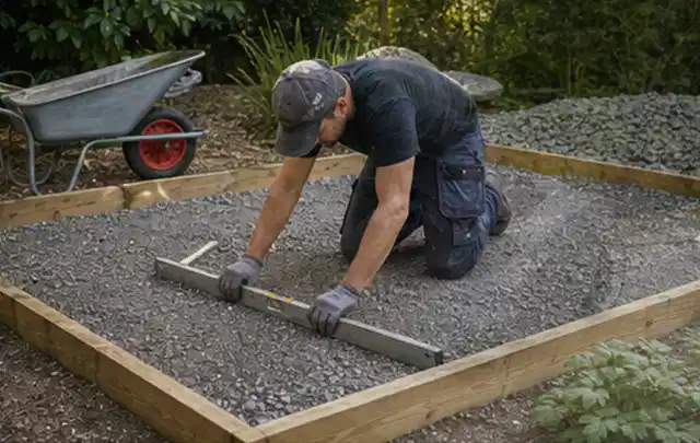 Person richtet eine verdichtete Kiesfläche mit Wasserwaage und Abziehlatte aus; Thema Gartenhaus aus Kunststoff, Schwerpunkt Dimensionierung; Praxisalltag.