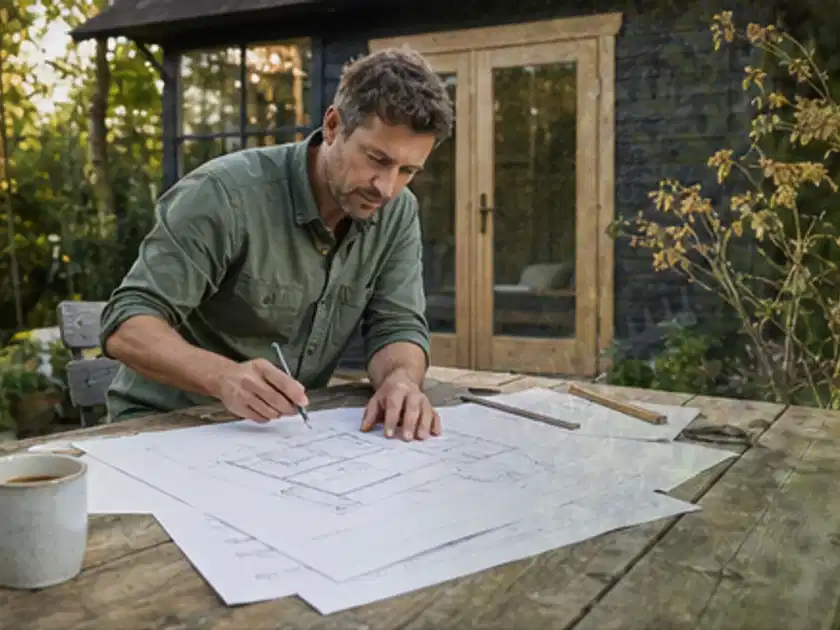 Person prüft Bauzeichnungen an einem Gartentisch vor einem kleinen Gartenhaus; Thema Gartenhaus aus Kunststoff, Schwerpunkt DIY; Titelbild.