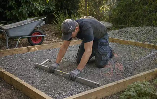 Person richtet eine verdichtete Kiesfläche mit Wasserwaage und Abziehlatte aus; Thema Gartenhaus aus Kunststoff, Schwerpunkt DIY; Ausgangslage.