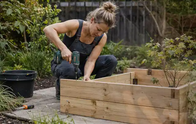 Person montiert ein massives Hochbeet aus unbehandeltem Holz im Garten; Thema Gartenhaus aus Kunststoff, Schwerpunkt DIY; Kontrolle.