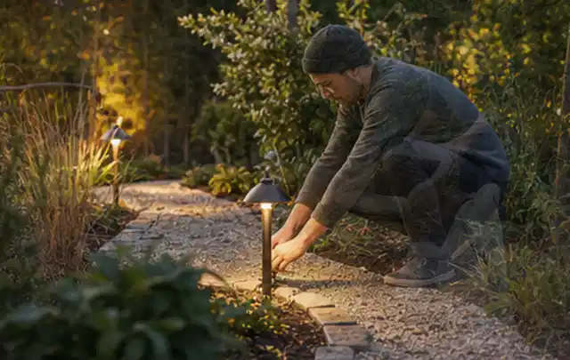 Person richtet eine niedrige warm leuchtende Gartenlampe am Kiesweg aus; Thema Gartenhaus aus Kunststoff, Schwerpunkt Fehlerhilfe; Ausgangslage.