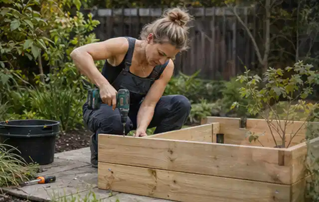 Person montiert ein massives Hochbeet aus unbehandeltem Holz im Garten; Thema Gartenhaus aus Kunststoff, Schwerpunkt Fehlerhilfe; Praxisalltag.