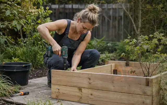 Person montiert ein massives Hochbeet aus unbehandeltem Holz im Garten; Thema Gartenhaus aus Kunststoff, Schwerpunkt Fundament; Kontrolle.