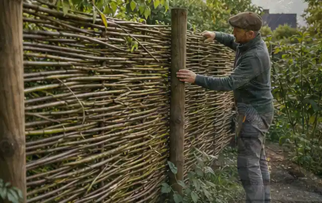 Person befestigt geflochtene Weidenruten an stabilen Holzpfosten im Garten; Thema Gartenhaus aus Kunststoff, Schwerpunkt Fundament; Ergebnis.