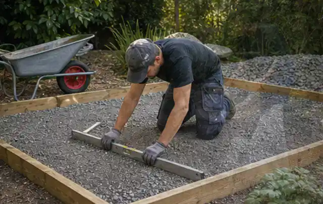 Person richtet eine verdichtete Kiesfläche mit Wasserwaage und Abziehlatte aus; Thema Gartenhaus aus Kunststoff, Schwerpunkt Fundament; Praxisalltag.