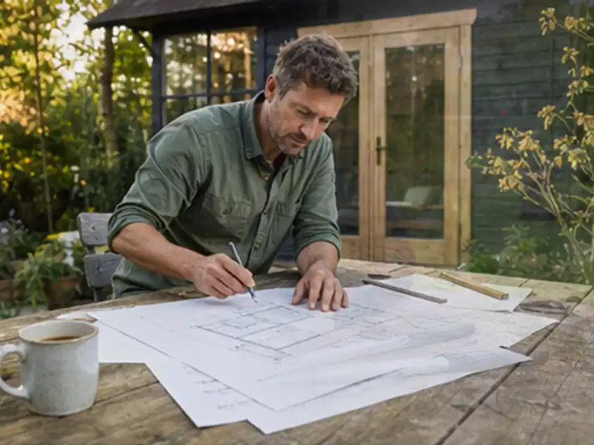 Person prüft Bauzeichnungen an einem Gartentisch vor einem kleinen Gartenhaus; Thema Gartenhaus aus Kunststoff, Schwerpunkt Gärten mit kleiner Fläche;…