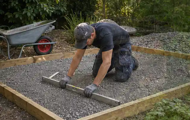 Person richtet eine verdichtete Kiesfläche mit Wasserwaage und Abziehlatte aus; Thema Gartenhaus aus Kunststoff, Schwerpunkt Gärten mit kleiner Fläche;…