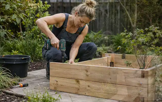 Person montiert ein massives Hochbeet aus unbehandeltem Holz im Garten; Thema Gartenhaus aus Kunststoff, Schwerpunkt Gärten mit kleiner Fläche; Kontrolle.