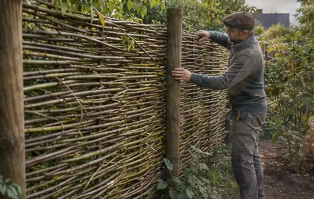 Person befestigt geflochtene Weidenruten an stabilen Holzpfosten im Garten; Thema Gartenhaus aus Kunststoff, Schwerpunkt Gärten mit kleiner Fläche;…