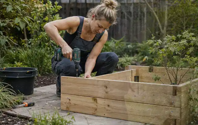 Person montiert ein massives Hochbeet aus unbehandeltem Holz im Garten; Thema Gartenhaus aus Kunststoff, Schwerpunkt Gartenhäuser; Kontrolle.