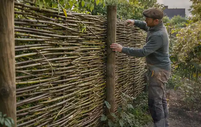 Person befestigt geflochtene Weidenruten an stabilen Holzpfosten im Garten; Thema Gartenhaus aus Kunststoff, Schwerpunkt Gartenhäuser; Ergebnis.