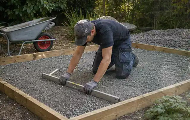 Person richtet eine verdichtete Kiesfläche mit Wasserwaage und Abziehlatte aus; Thema Gartenhaus aus Kunststoff, Schwerpunkt Gestaltung; Ausgangslage.