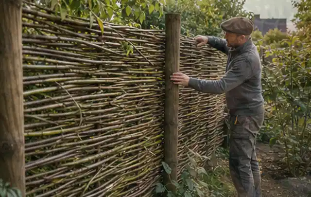 Person befestigt geflochtene Weidenruten an stabilen Holzpfosten im Garten; Thema Gartenhaus aus Kunststoff, Schwerpunkt Gestaltung; Kontrolle.