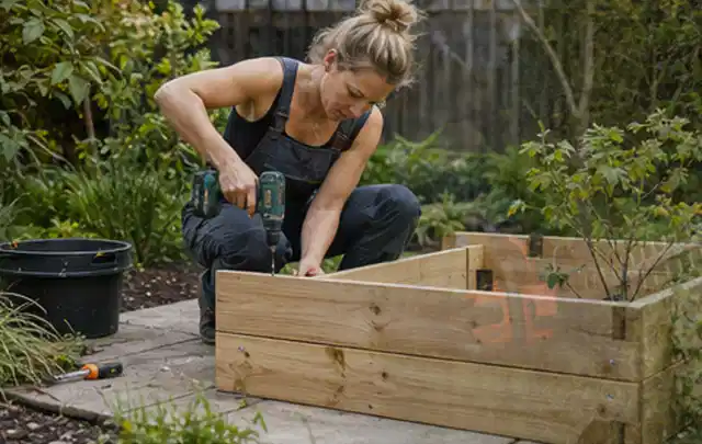 Person montiert ein massives Hochbeet aus unbehandeltem Holz im Garten; Thema Gartenhaus aus Kunststoff, Schwerpunkt Gestaltung; Ergebnis.