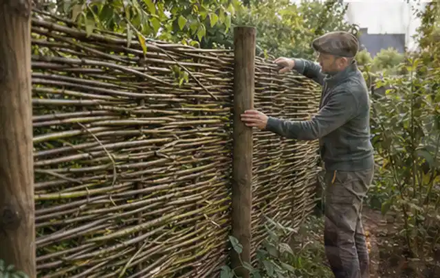 Person befestigt geflochtene Weidenruten an stabilen Holzpfosten im Garten; Thema Gartenhaus aus Kunststoff, Schwerpunkt Kosten; Kontrolle.