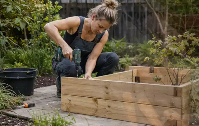 Person montiert ein massives Hochbeet aus unbehandeltem Holz im Garten; Thema Gartenhaus aus Kunststoff, Schwerpunkt Kosten; Ergebnis.