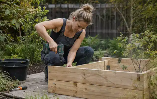 Person montiert ein massives Hochbeet aus unbehandeltem Holz im Garten; Thema Gartenhaus aus Kunststoff, Schwerpunkt Materialwahl; Ausgangslage.