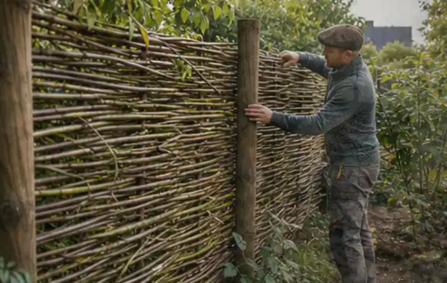 Person befestigt geflochtene Weidenruten an stabilen Holzpfosten im Garten; Thema Gartenhaus aus Kunststoff, Schwerpunkt Materialwahl; Ergebnis.
