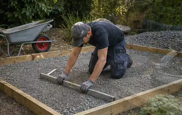 Person richtet eine verdichtete Kiesfläche mit Wasserwaage und Abziehlatte aus; Thema Gartenhaus aus Kunststoff, Schwerpunkt Materialwahl; Praxisalltag.