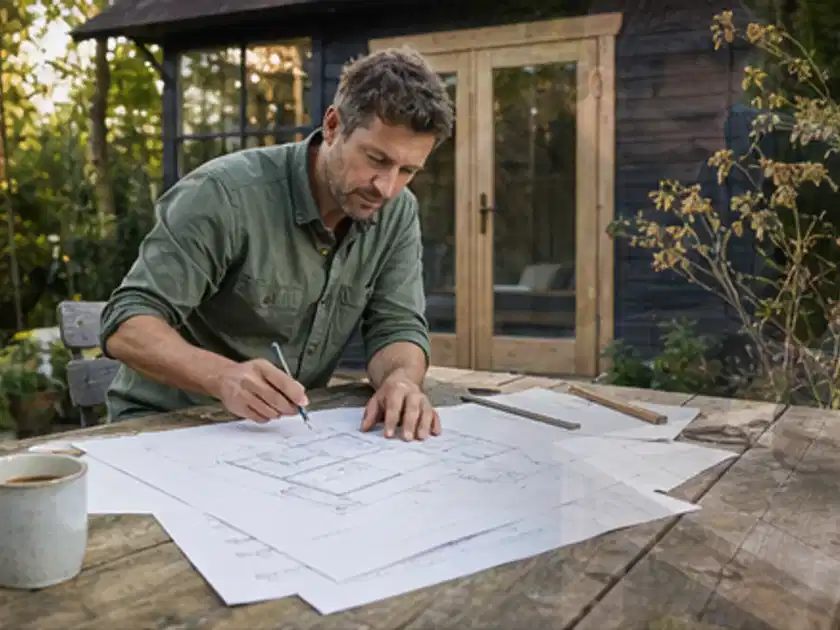 Person prüft Bauzeichnungen an einem Gartentisch vor einem kleinen Gartenhaus; Thema Gartenhaus aus Kunststoff, Schwerpunkt Nachhaltigkeit; Titelbild.
