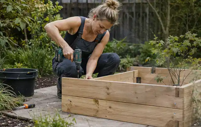Person montiert ein massives Hochbeet aus unbehandeltem Holz im Garten; Thema Gartenhaus aus Kunststoff, Schwerpunkt Nachhaltigkeit; Ausgangslage.