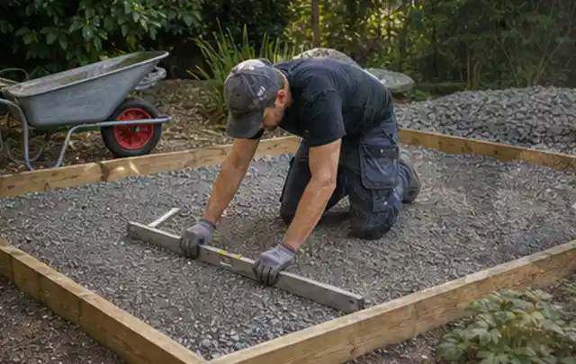 Person richtet eine verdichtete Kiesfläche mit Wasserwaage und Abziehlatte aus; Thema Gartenhaus aus Kunststoff, Schwerpunkt Nachhaltigkeit; Kontrolle.
