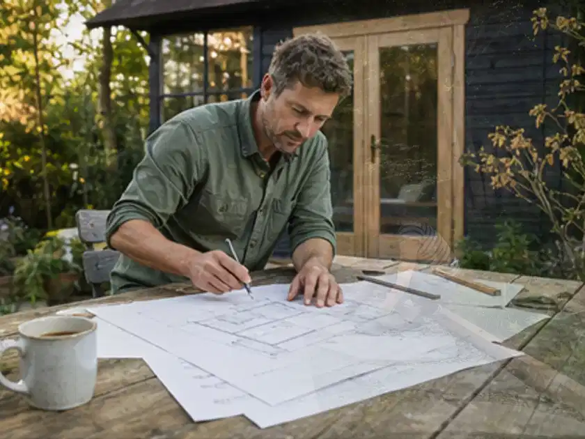 Person prüft Bauzeichnungen an einem Gartentisch vor einem kleinen Gartenhaus; Thema Gartenhaus aus Kunststoff, Schwerpunkt Pflege; Titelbild.