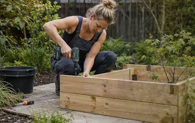 Person montiert ein massives Hochbeet aus unbehandeltem Holz im Garten; Thema Gartenhaus aus Kunststoff, Schwerpunkt Pflege; Umsetzung.