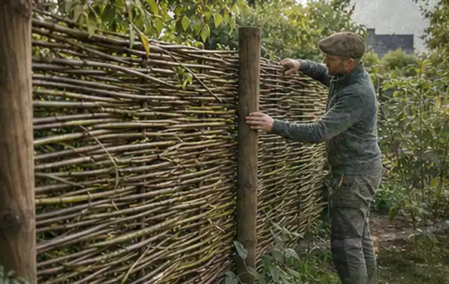 Person befestigt geflochtene Weidenruten an stabilen Holzpfosten im Garten; Thema Gartenhaus aus Kunststoff, Schwerpunkt Pflege; Ergebnis.