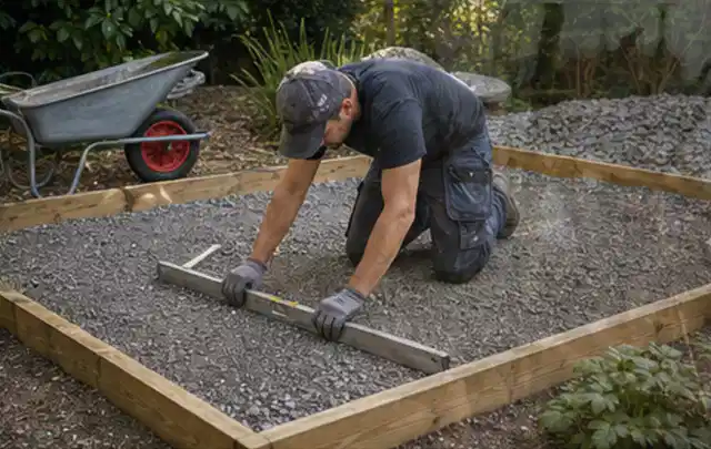 Person richtet eine verdichtete Kiesfläche mit Wasserwaage und Abziehlatte aus; Thema Gartenhaus aus Kunststoff, Schwerpunkt Pflege; Praxisalltag.