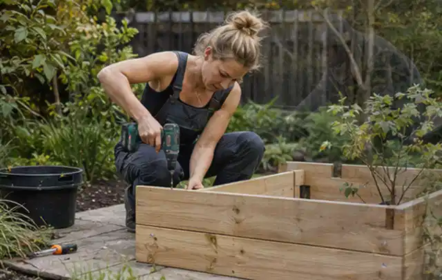 Person montiert ein massives Hochbeet aus unbehandeltem Holz im Garten; Thema Gartenhaus aus Kunststoff, Schwerpunkt Planung; Umsetzung.