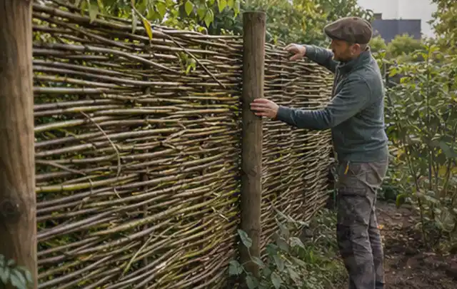Person befestigt geflochtene Weidenruten an stabilen Holzpfosten im Garten; Thema Gartenhaus aus Kunststoff, Schwerpunkt Planung; Kontrolle.