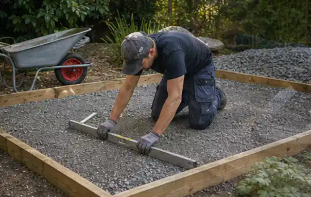 Person richtet eine verdichtete Kiesfläche mit Wasserwaage und Abziehlatte aus; Thema Gartenhaus aus Kunststoff, Schwerpunkt Planung; Praxisalltag.