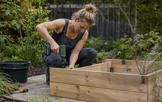 Person montiert ein massives Hochbeet aus unbehandeltem Holz im Garten; Thema Gartenhaus aus Kunststoff, Schwerpunkt Standort; Kontrolle.