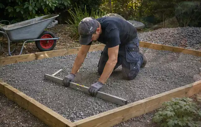 Person richtet eine verdichtete Kiesfläche mit Wasserwaage und Abziehlatte aus; Thema Gartenhaus aus Kunststoff, Schwerpunkt Standort; Ergebnis.