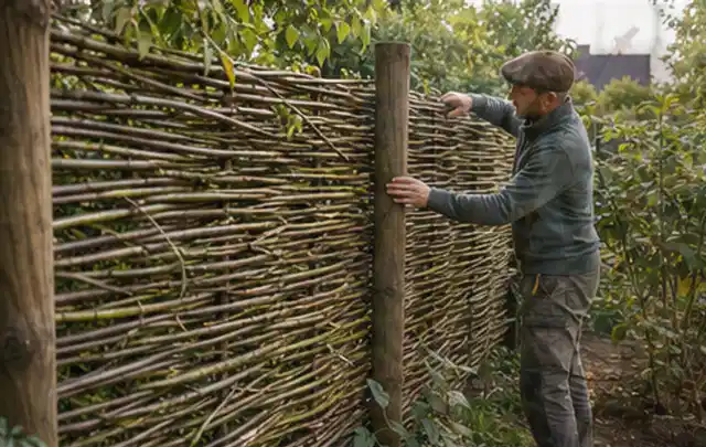 Person befestigt geflochtene Weidenruten an stabilen Holzpfosten im Garten; Thema Gartenhaus aus Kunststoff, Schwerpunkt Standort; Praxisalltag.