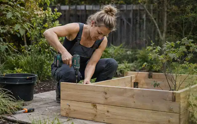 Person montiert ein massives Hochbeet aus unbehandeltem Holz im Garten; Thema Gartenhaus aus Kunststoff, Schwerpunkt Winterschutz; Umsetzung.