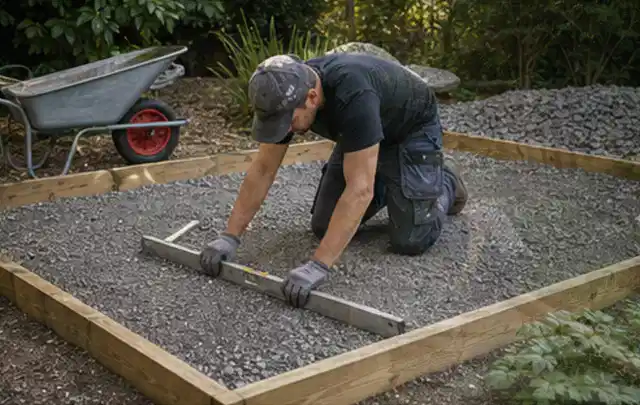 Person richtet eine verdichtete Kiesfläche mit Wasserwaage und Abziehlatte aus; Thema Gartenhaus aus Kunststoff, Schwerpunkt Winterschutz; Praxisalltag.